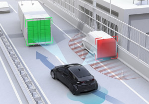 Autonomous car changing lane quickly to avoid a traffic accident. Concept for driver assistance systems